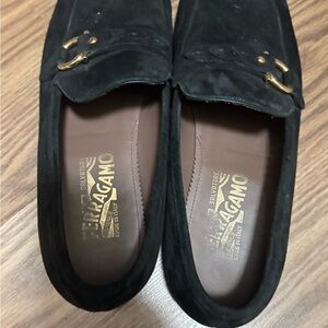 Salvatore Ferragamo Black Suede Loafers with Gold Accents